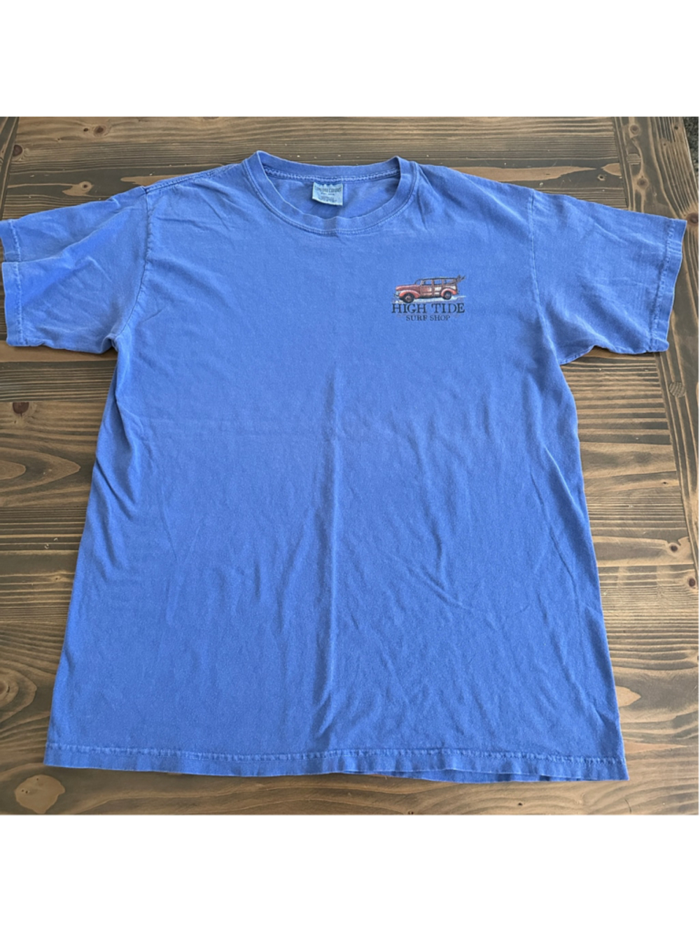 Comfort Colors High Tide Surf Shop Tybee Island GA Tee L Blue Surf Graphic Retro - Picture 3 of 7